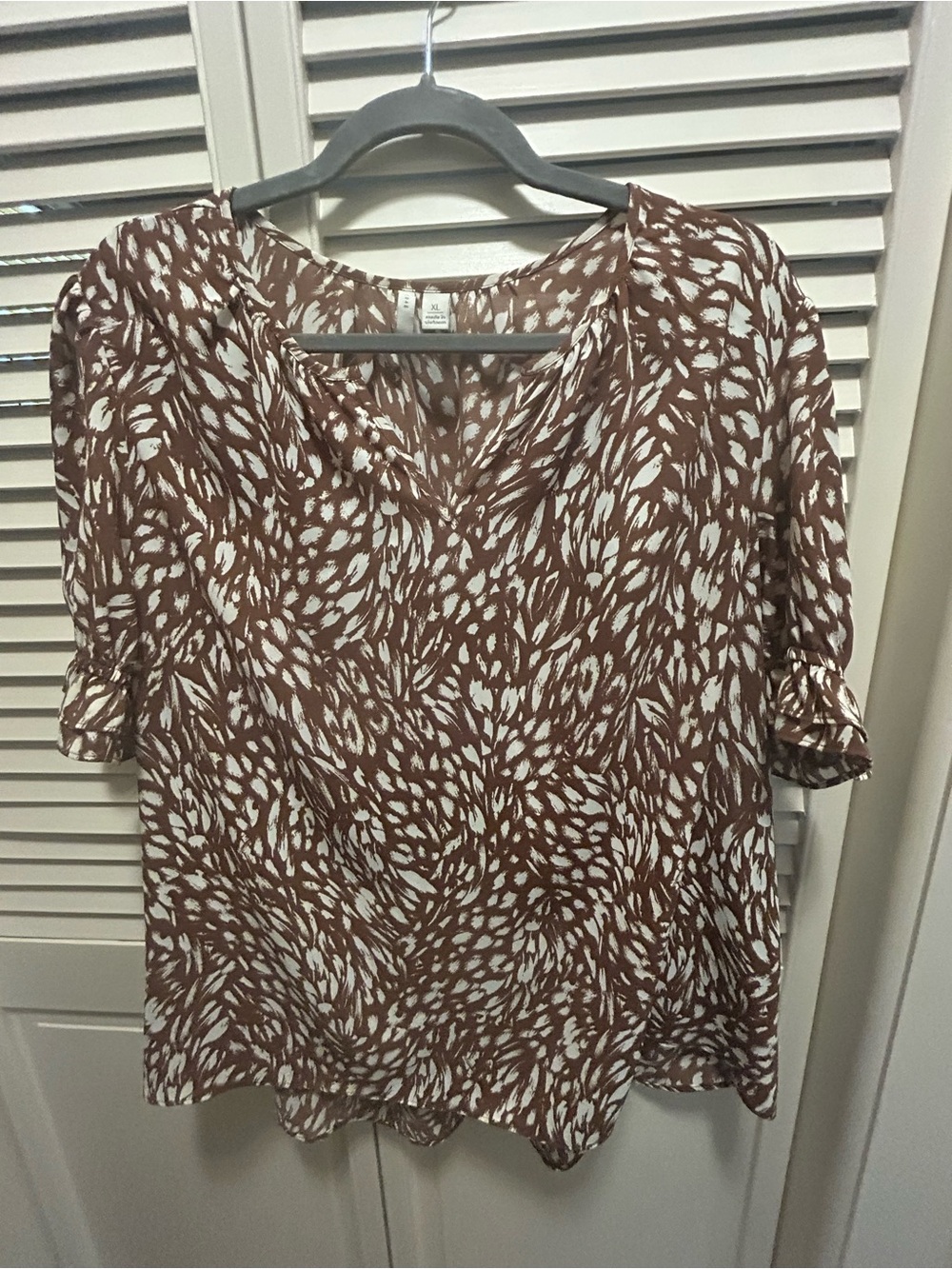 Relaxed Brown and White Printed V-Neck Blouse